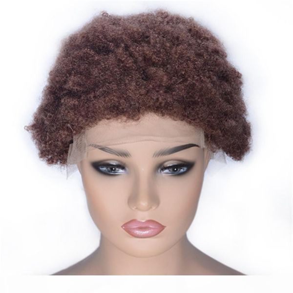 

short lace front human hair wigs #33 brazilian hair afro curly wig swiss lace for black women, Black;brown
