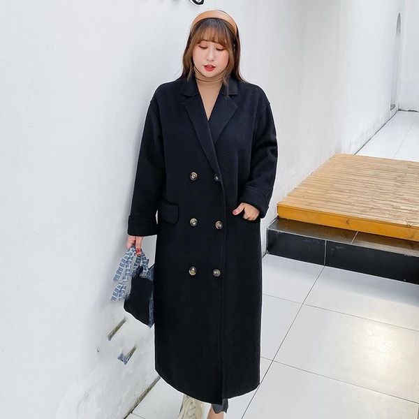 

autumn and winter new large size women's coat all-match mid-length woolen girl coat, Black