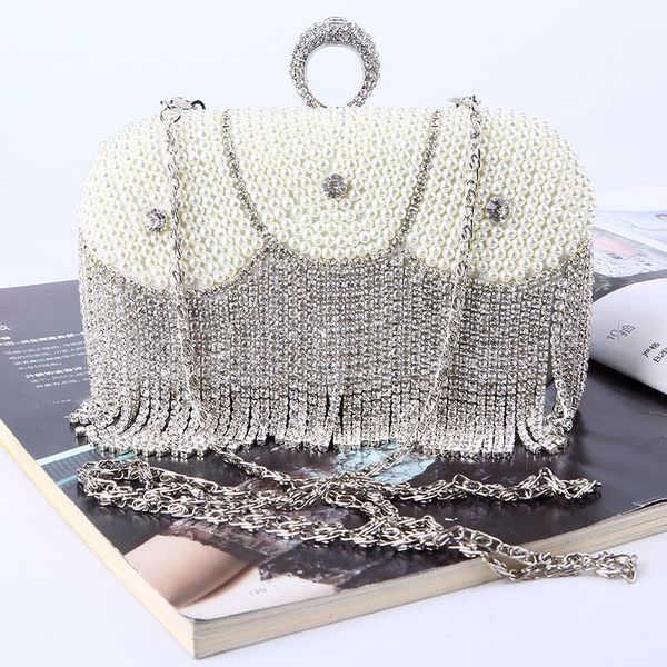 

ladies diamond ring decoration banquet pearl clutch bag handmade bead embroidery bag rhinestone tassel evening dinner party bag handbag