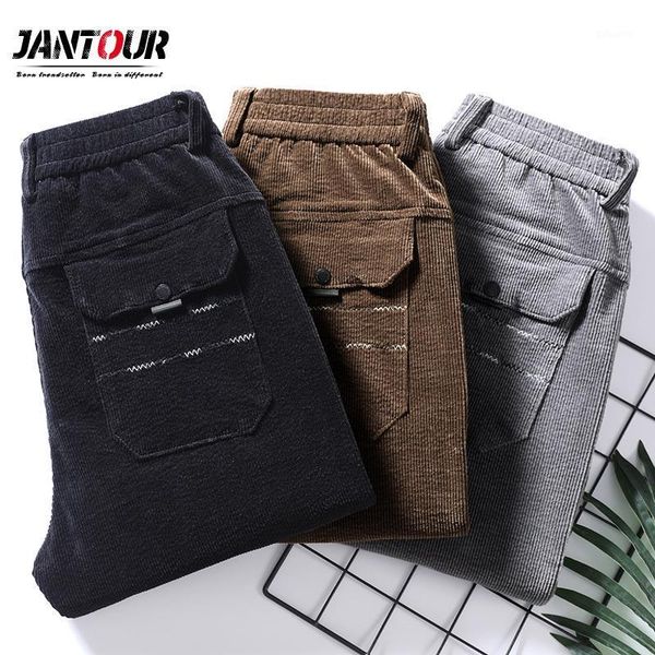 

jantour corduroy men pants 2020 fashion casual pantalones de hombre straight trousers winter elasticity long pants1, Black