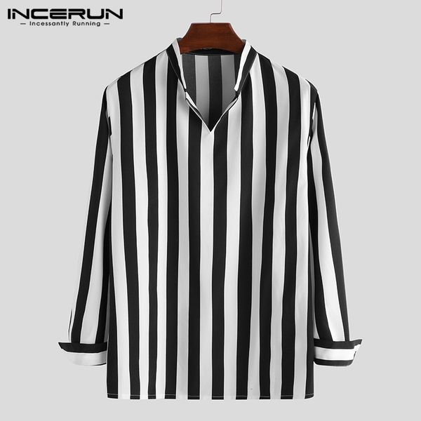 

incerun fashion mens striped shirt loose breathable v neck 2020 streetwear long sleeve casual brand shirts camisas hombre s-5xl c1211, White;black