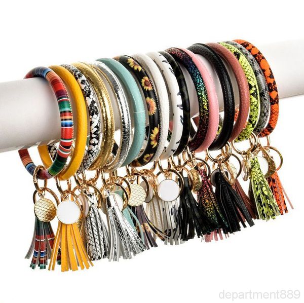 

35 colors leather tassels bracelet keychain pu wrist ring sunflower leopard patterns bangle key holder dia 8cm owf1902