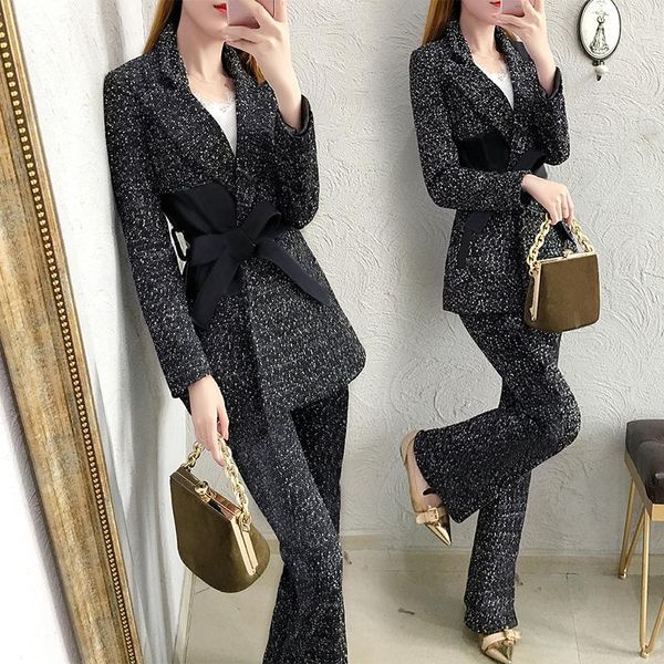 

women's tracksuits winter thick woolen suit suits professional casual jacket + wide-leg pants two-piece sets female, Gray