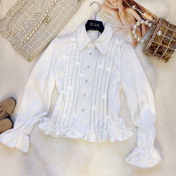 

2020 spring rhinestone edge long sleeve shirt pure color frilled satin shirt women's white / black blouse blouses blusas1