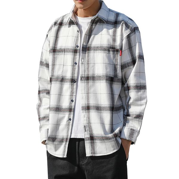 

2020 autumn and winter brushed plaid long-sleeved shirt mens large size casual loose all-match mens shirt coat gray, White;black