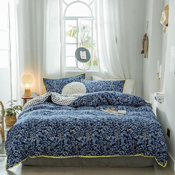 Bonenjoy Queen Size Cama Grupo Azul e Laranja Cor Little Flower Cama Tamanho Duplo para Adultos Únicos Bedlochers LJ200819