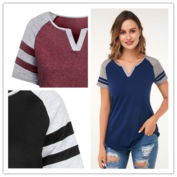 

2020 t shirts for women casual summer t-shirt girl tee new women's v-neck short sleeve stitching striped t-shirt, White