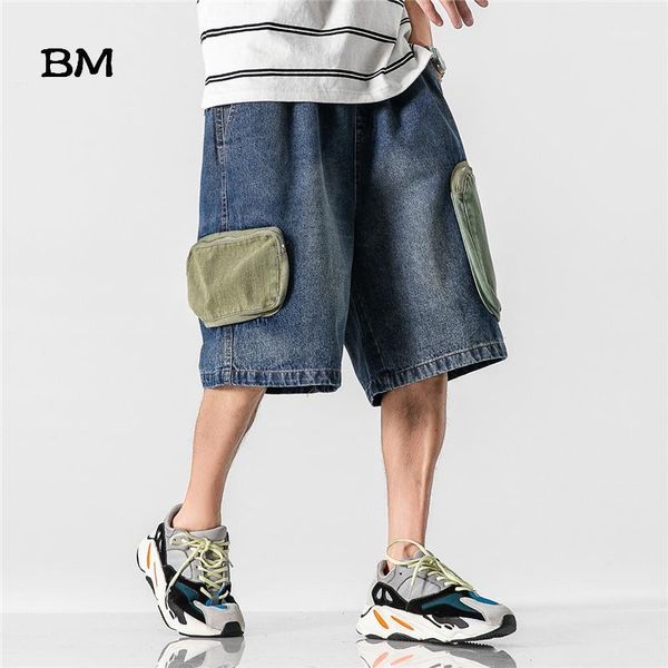 

japanese streetwear denim shorts men fashion 2020 summer hip hop straight pants korean jeans kpop clothes harajuku overalls1, Blue