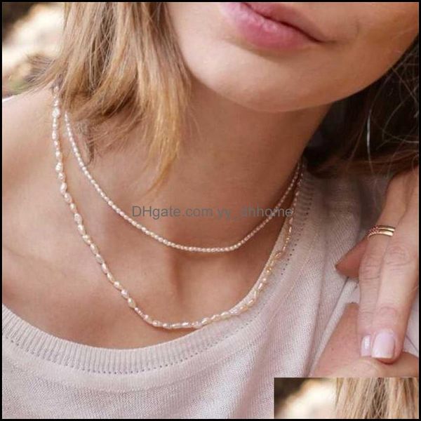 Catene Collane Pendenti Gioielli Minimalista Collana di perle reali 2Mm / 3-4Mm Dimensioni Girocollo d'acqua dolce Semplice delicato per le donne