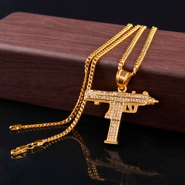 

hip hop gun pendant necklaces for men women gold color ice out rhinestone charm pendant gold cuban chain statement necklace jewelry, Silver