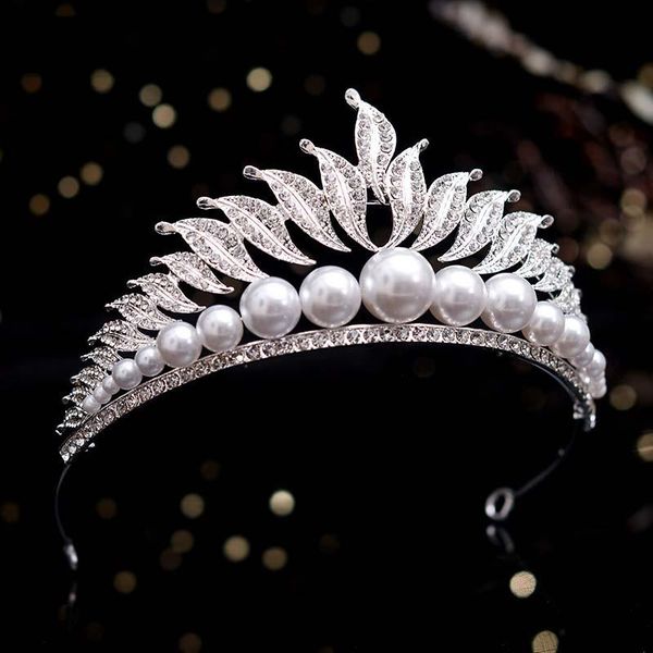 

forseven luxury imitation pearl crown handmade crystal leaf tiara bride wedding jewelry women headband fashion headdress jl, Golden;silver