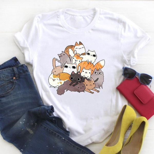 

женщины cat pet animal мультфильм kawaii print одежда женские летние t tee женская верхняя рубашка одежда футболка женская графика, White