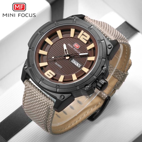 

mini focus brand luxury sport quartz watch men nylon strap wrist watches waterproof mens military clock relogio masculino, Slivery;brown