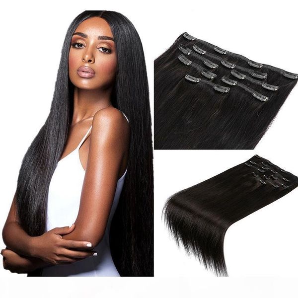 

silky straight clip in hair extensions black brown blonde color human hair extensions clip on hair wefts 100g