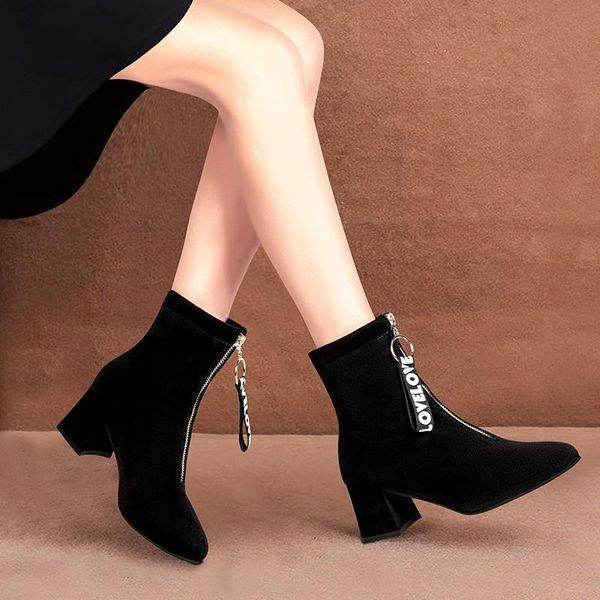 

boots 2021 fashion women's suede zipper woman high-heeled thick bottom women pointed ankle botas mujer d1359, Black