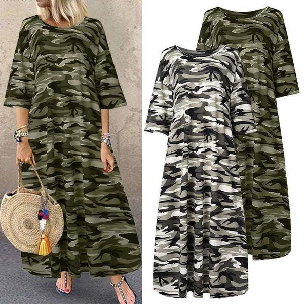 

zanzea 2021 fashion camouflage printed dress women's summer sundress short sleeve tunic vestidos female casual robe oversized, Black;gray