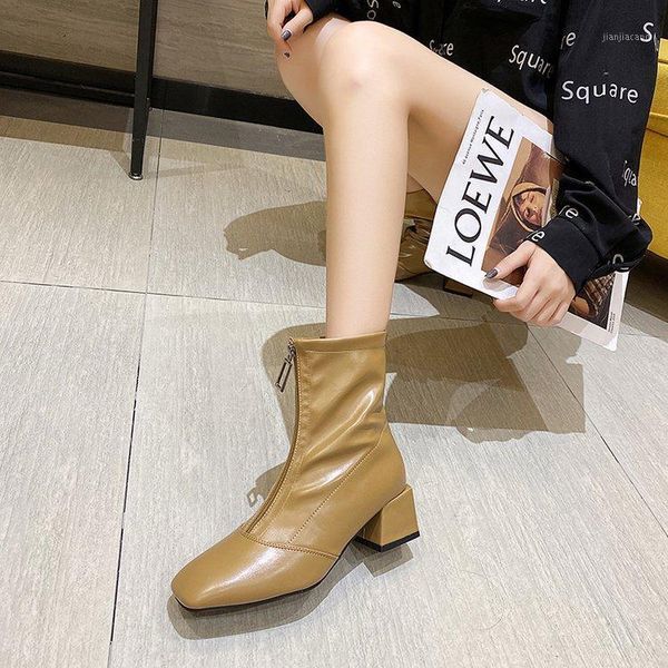 

boots women 2020 new women's boots autumn square toe front zipper short women's thick heel mid-heel women1, Black