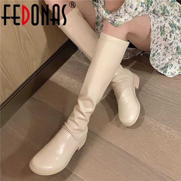 

boots fedonas 2021 fall winter tight high genuine leather women's est zipper wedding working female shoes woman heels, Black