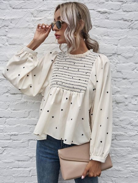 

heart print shirred peplum blouse f5xi#, White