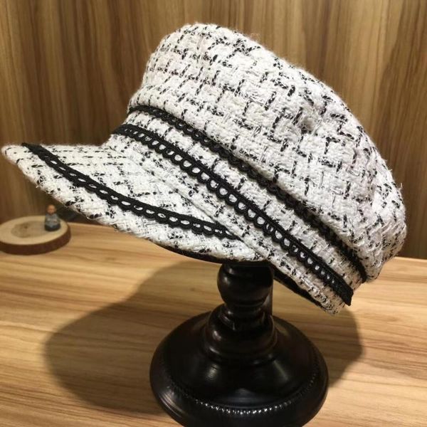

lady leisure octagonal hat women visors cap autumn classic silk plaid elegant lace, Blue;gray