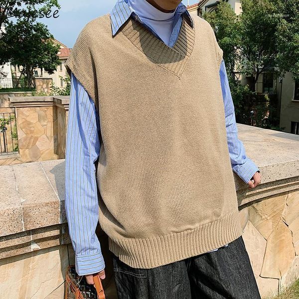

men's vests sweater vest solid men retro v-neck loose korean-style chic trendy all-match male leisure sweaters spring-autumn teens ulzz, Black;white