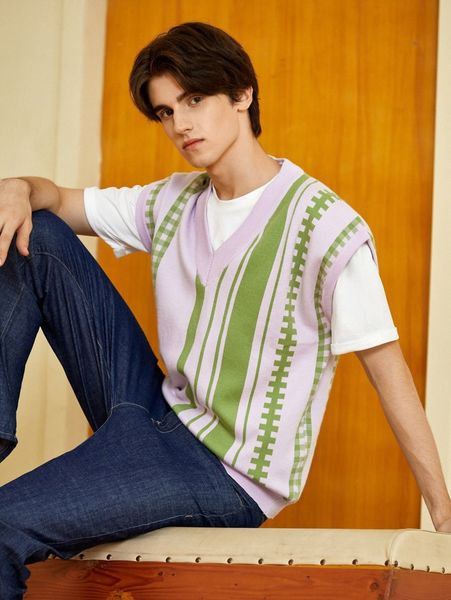 

men striped and gingham pattern sweater vest without tee 18v2#, White;black