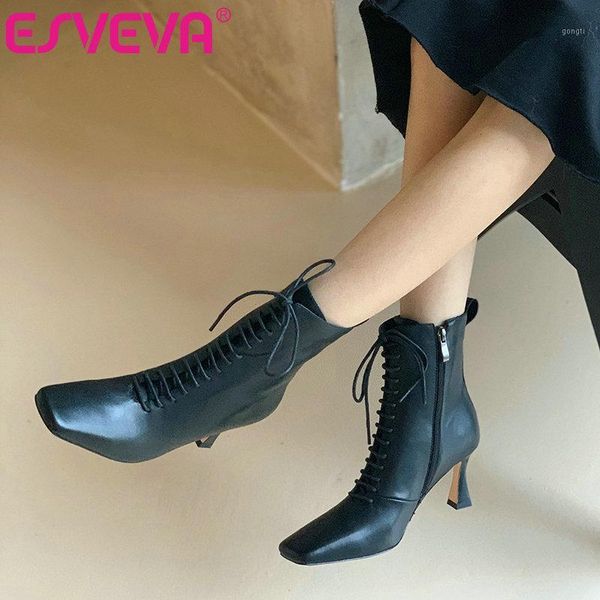 

boots esveva 2021 lace up pointed toe thin high heel pu+leather ankle women shoes platform black size 34-391