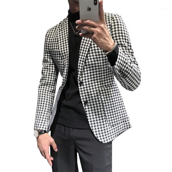 

men's suits & blazers men's blazer designer houndstooth print casual wedding business clothing slim tuxedo groom dress party cloth, White;black