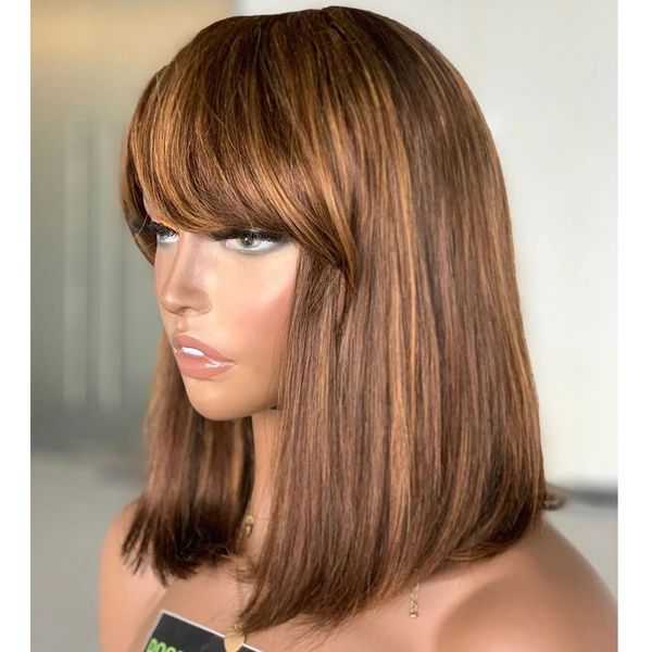 

highlight short bob lace front wigs with bangs 180density fringe full lace human hair wigs for women bleached knots, Black