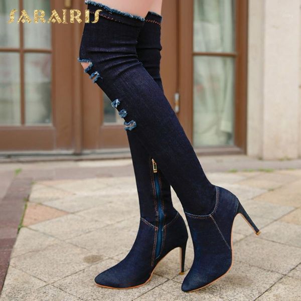 

boots sarairis design 2021 over the knee ladies pointed toe super high heels zip up hollow shoes woman denim1, Black