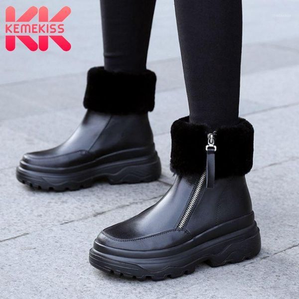 

boots kemekiss real leather women ankle snow plush fur zip shoes round toe winter warm fashion footwear size 33-401, Black