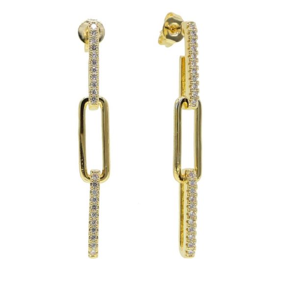 

iced out micro pave cz cubic zirconia long safety pin shape dangling women fashion open link chain earring, Silver