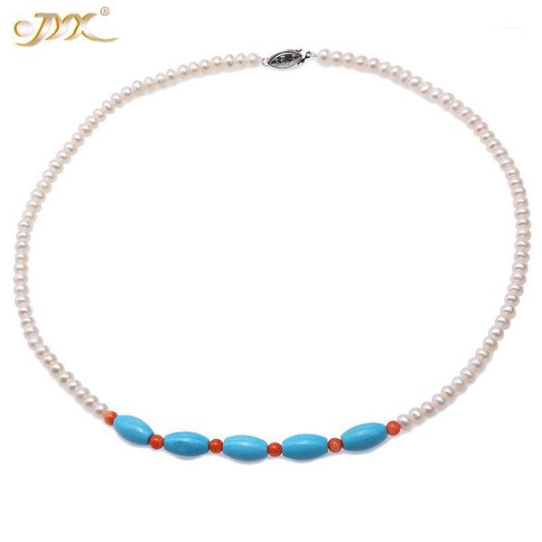 

jyx 2020 elegant 5-5.5mm flatly round white cultured freshwater pearl necklace with sky blue turquoise 19" for women1, Silver