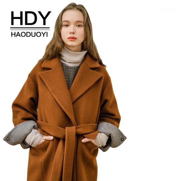 

women's wool & blends hdy haoduoyi commuter temperament drop shoulder lapel invisible buckle belt ladies long loose coat1, Black
