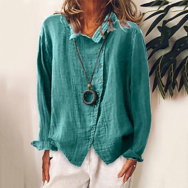 

cotton linen plus size blouse fashion women buttons casual solid color long sleeves blouse blusas de mujer loose ladies1, White