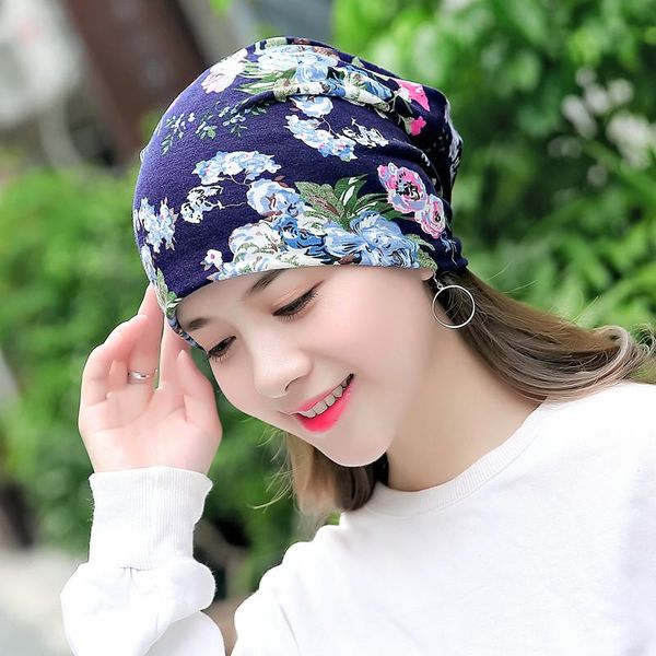 

women print flowers beanie multifunction printed hat girl casual skullies floral turban scarf female headwear headwrap, Blue;gray