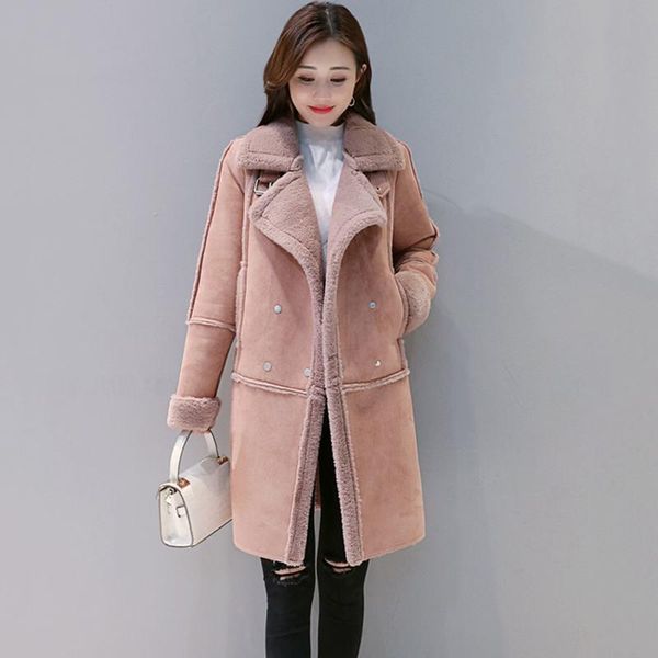 

women 2020 autumn winter faux suede leather coat thick warm faux sheepskin long jacket female imitation lambs wool outerwear h89, Black