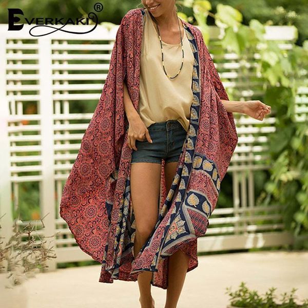 

everkaki bohemian print women coat cape loose beach ladies boho kimono cloak outerwear ethnic female 2021 autumn new fashion1, Black;brown