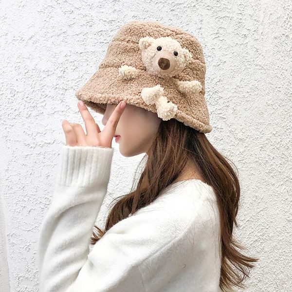 

wide brim hats bear imitation lamb hair fisherman hat autumn winter female korean version wild cute plush student warm basin tide, Blue;gray