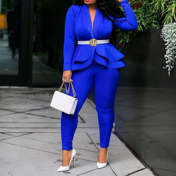 

plus size office ladies blue pink 2 two piece set and pants elegant female casual business matching outfits women clothing lj201120, White