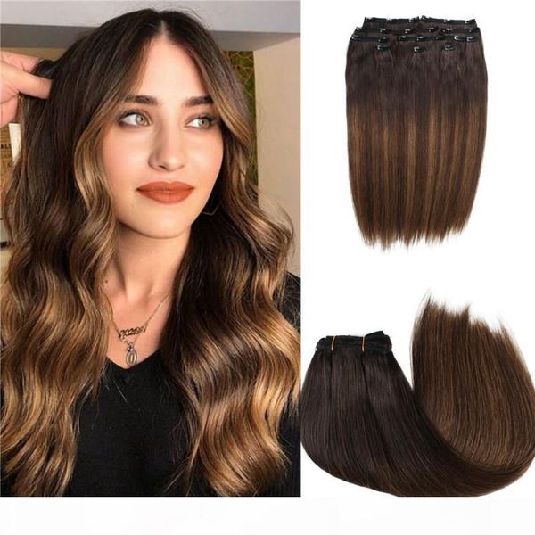 

highlights clip in hair extensions 100% russian human hair balayage #2 fading to #4 skin weft clip on extensions 120g, Black;brown