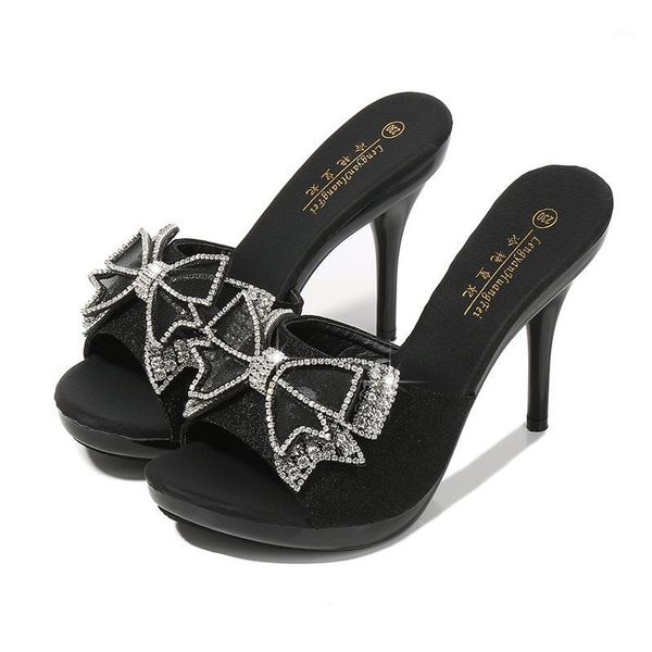

dress shoes womens slippers creepers bowknot rhinestones crystal stilettos super high heel 11cm summer hollow black c8881