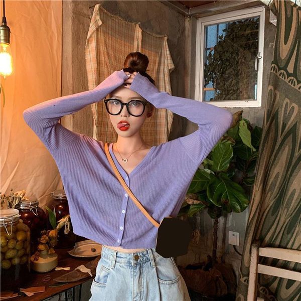 

women knitted buttons cropped cardigan sweater vintage purple v neck short knitwear female casual long sleeve jumper top, White;black