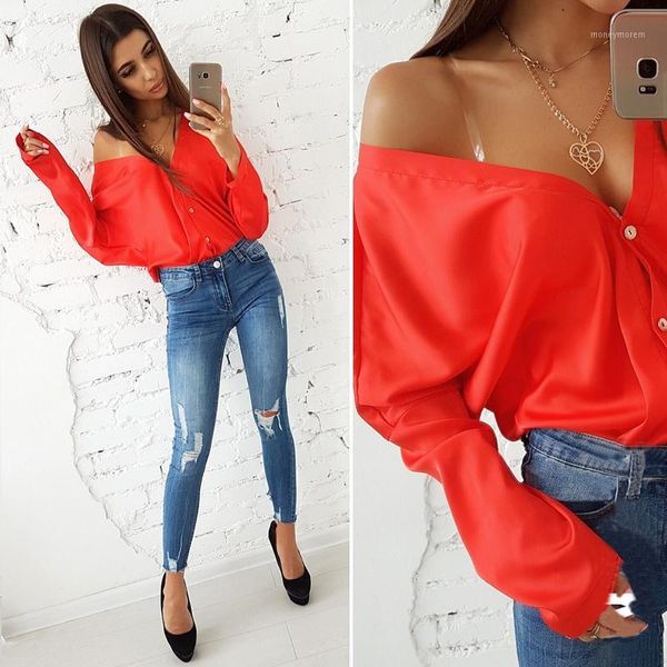

2018 summer fashion solid color deep v-neck long sleeve blouse casual button loose shirts off shoulder batwing sleeve 1, White