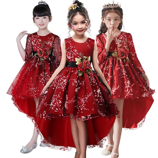 

flower girl for clothes plum wine red wedding trailing children kids party baby girls princess dress t200709, Red;yellow