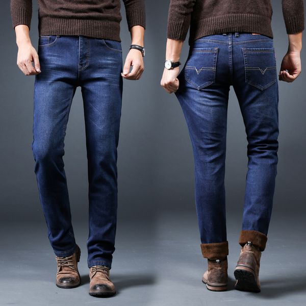 

new men's plush business jeans in autumn and winter, Blue