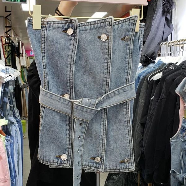 

shengpalae 2020 new fashion autumn strapless collar denim pleated three-breasted elasticated vest women belt female tide fv8741, Black;white