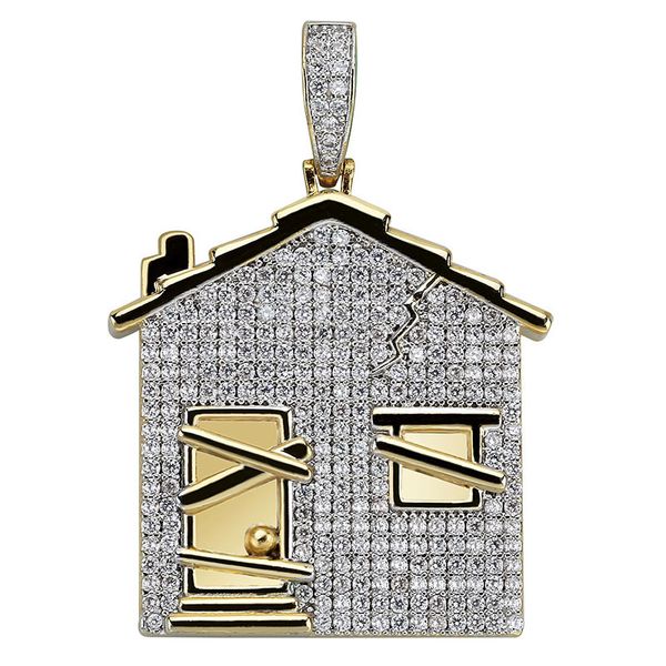 

iced out 14k gold plated house shape pendant necklace micro paved zircon men hip hop jewelry