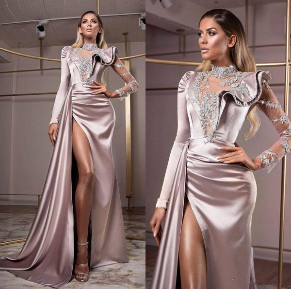 

2021 charming long prom dresses lace appliques beads high split formal evening gowns satin party dress plus size long sleeve robes de soiree, Black