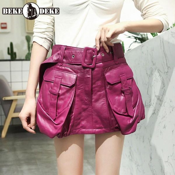 

high street women real sheepskin pockets cargo shorts loose fit ladies genuine leather shorts skirts plus size streetwear1, White;black